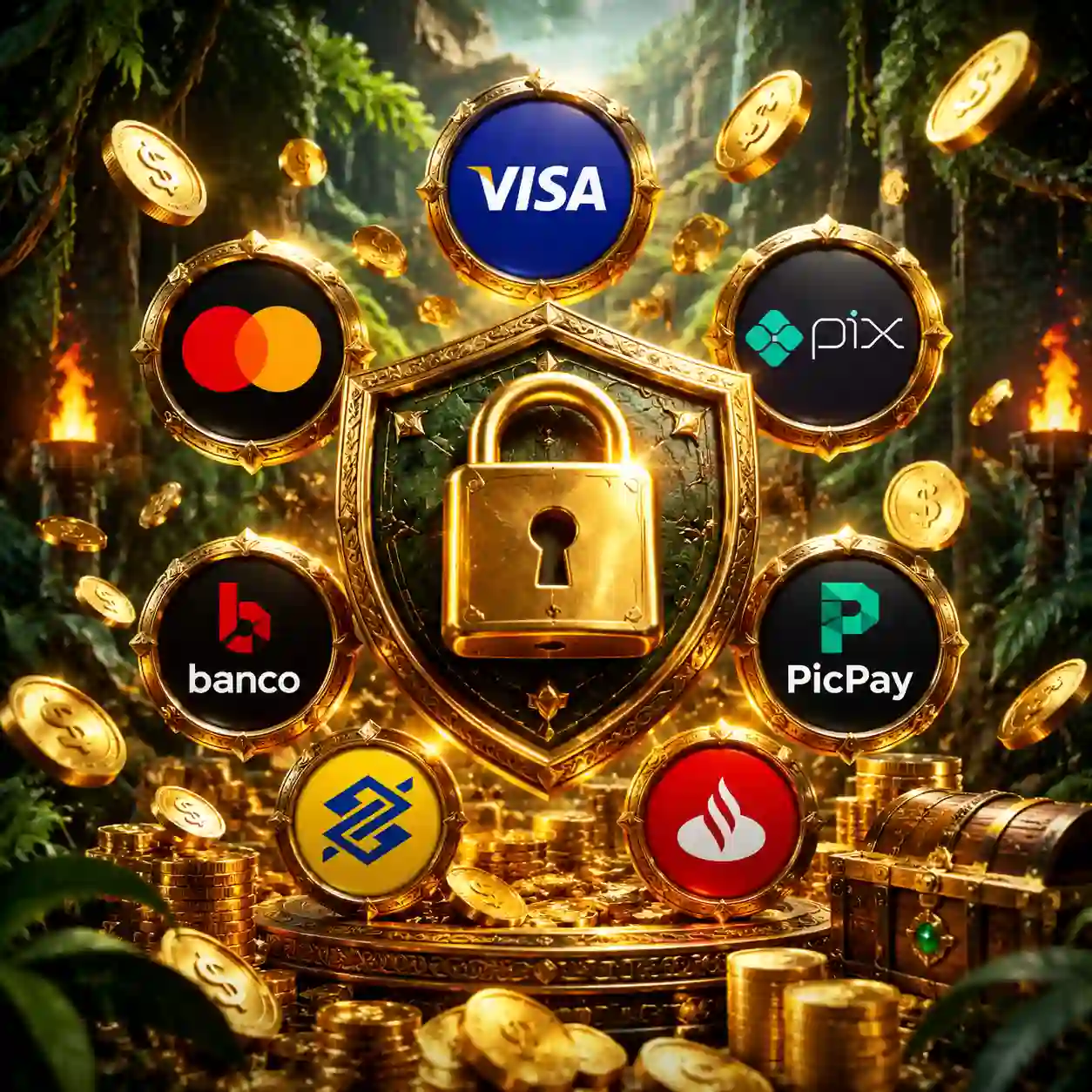 Ícones de PIX, cartão e criptomoeda em fileira